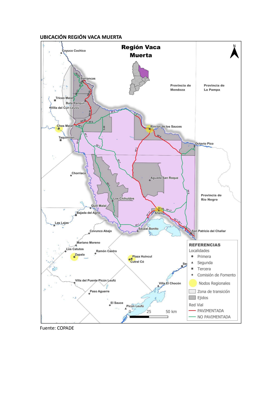 Mapa oficial de la Región Vaca Muerta para ubicar Neuquén Capital, San Patricio del Chañar, Añelo y Rincón de los Sauces